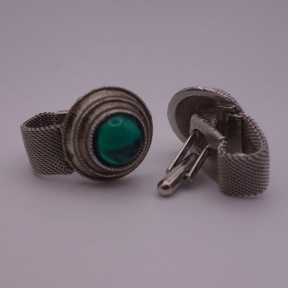 Watch Band Style Circular Green Stone Cuff Links - Picture 1 of 16
